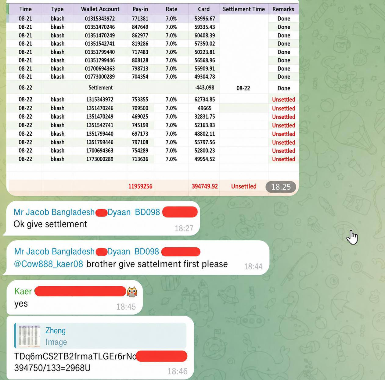 Commission settlement coordination screenshot with wallet and identity fields replaced by asterisks